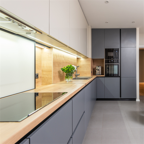 Apartment L Shaped Long Lasting Lacquer Kitchen Cabinet